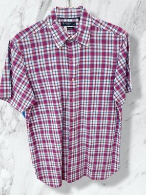 Cremieux Red and Blue Plaid Short-Sleeve Button-Down Shirt- Size Large